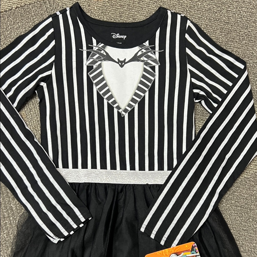 Nightmare Before Christmas Girls Black White Striped Long Sleeve Dress 7/8 NWT - Picture 2 of 2